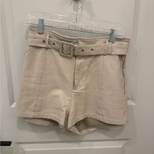 American Threads High-Waist Belted Shorts in Cream
